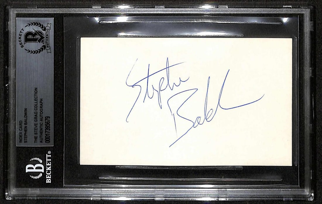 Beckett Slabbed Stephen Baldwin Autograph Index Card: Beckett Slabbed Stephen Baldwin Autograph Index Card This signed index card features the authentic autograph of Stephen Baldwin, encapsulated in a Beckett tamper-proof holder for protection and displa