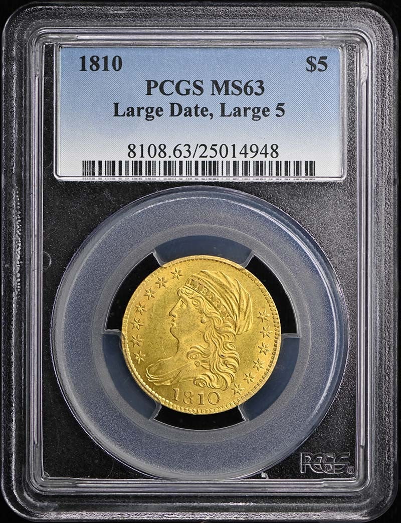 1810 Capped Bust $5 Gold Half Eagle PCGS MS63 Large Date Large 5: 1810 Capped Bust $5 Gold Half Eagle PCGS MS63 Large Date Large 5 This is an 1810 Capped Bust Half Eagle $5 gold coin featuring the Large Date, Large 5 variety. Graded MS63 by PCGS, this uncirculated c