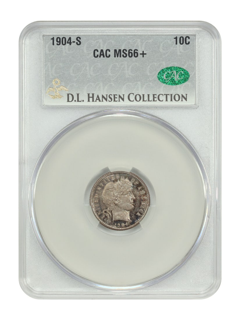 CACG MS66+ 1904-S Barber Dime 10C ex D.L. Hansen: CACG MS66+ 1904-S Barber Dime 10C ex D.L. Hansen This 1904-S Barber Dime is certified by CACG and graded MS66+. It is an uncirculated 10C coin from the San Francisco Mint, with certification number 62