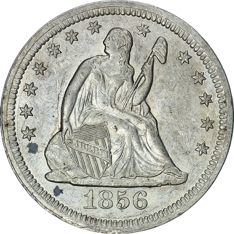 1856 Philadelphia Mint Silver Seated Liberty Quarter AU BU Grade: 1856 Philadelphia Mint Silver Seated Liberty Quarter AU BU Grade This original 1856-P Seated Liberty Quarter offers attractive eye appeal with nice luster and a sharp strike. The coin features pleasin