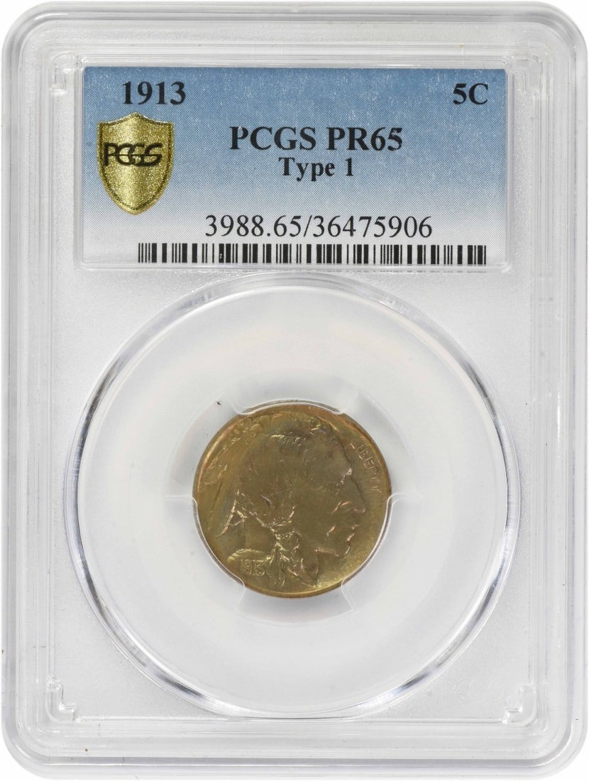 1913 Proof Buffalo Nickel PR65 Philadelphia PCGS Certified: 1913 Proof Buffalo Nickel PR65 Philadelphia PCGS Certified This 1913 Buffalo Nickel Type 1 is a proof coin graded PR65 by PCGS. Struck at the Philadelphia Mint, it features a composition of 75% copper