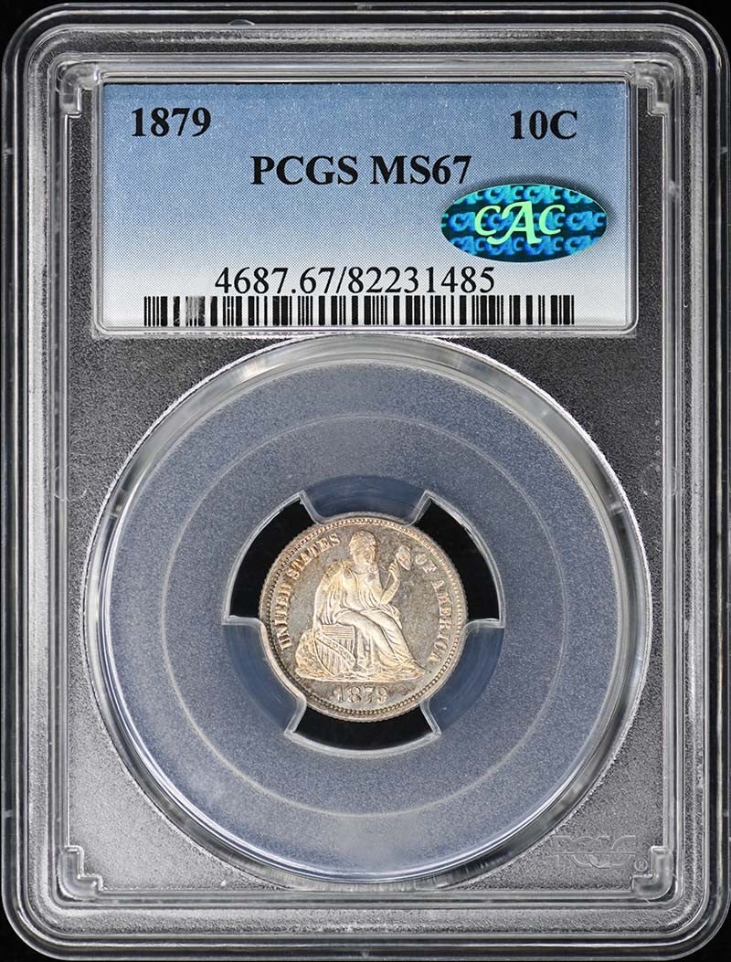 1879 Liberty Seated Dime PCGS MS67 CAC Certified Uncirculated: 1879 Liberty Seated Dime PCGS MS67 CAC Certified Uncirculated This 1879 Liberty Seated Dime is a stunning example, certified by PCGS with a grade of MS67. It showcases the exceptional quality of uncir