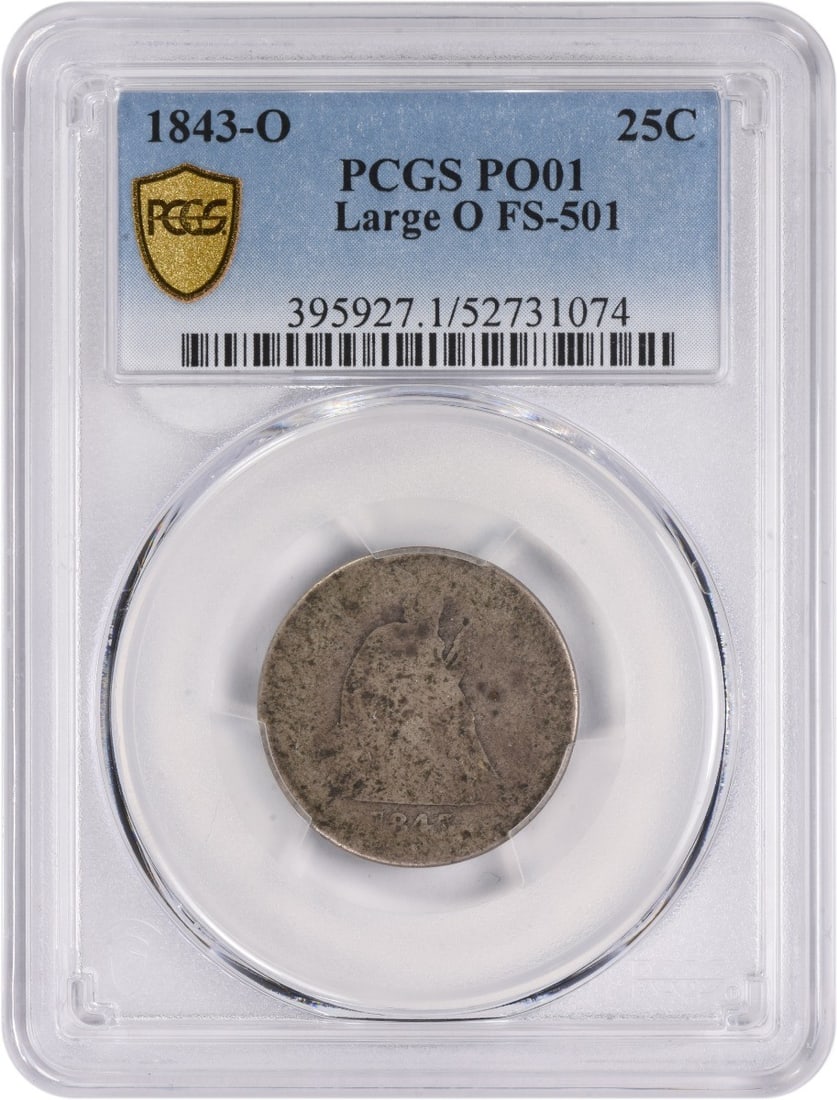 1843-O Liberty Seated Silver Quarter PCGS Certified Large O: 1843-O Liberty Seated Silver Quarter PCGS Certified Large O This 1843-O Liberty Seated Silver Quarter is a remarkable piece of numismatic history, certified by PCGS. Struck in New Orleans, this coin f