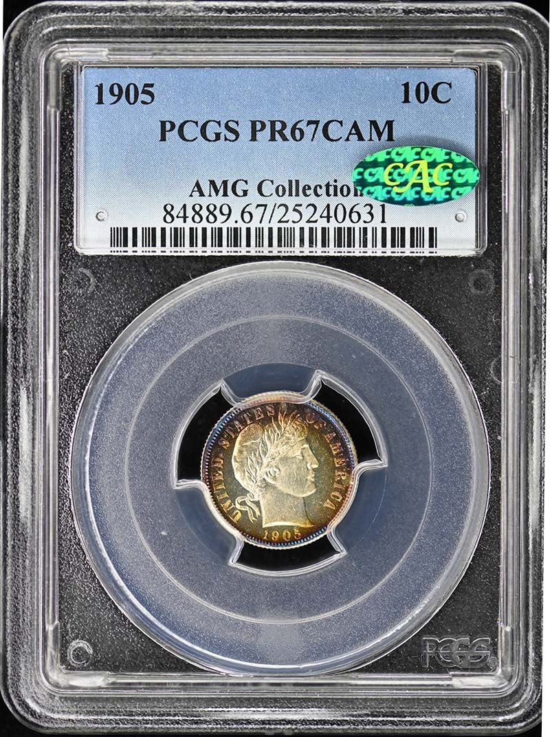 1905 Barber Dime PCGS PR67CAM CAC: 1905 Barber Dime PCGS PR67CAM CAC This 1905 Barber Dime is a proof coin graded PR67 CAM by PCGS, with an additional CAC designation. It was minted in Philadelphia and remains uncirculated, showcasing 