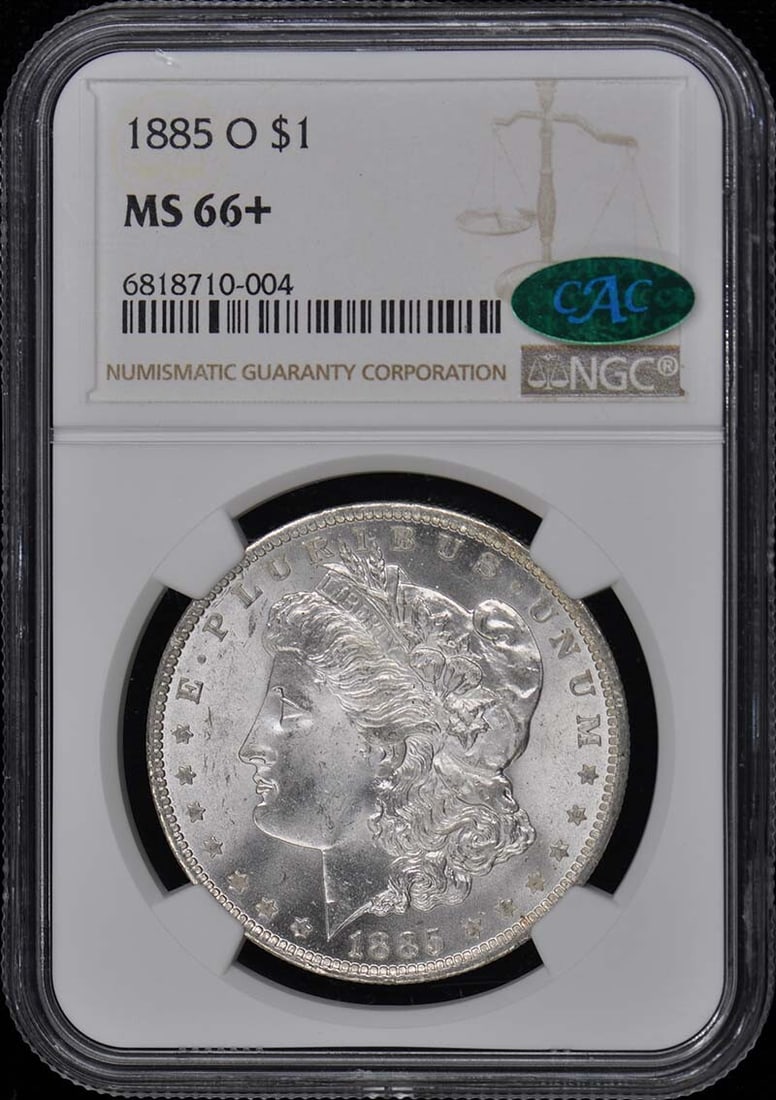 1885-O Morgan Dollar NGC MS66+ CAC Uncirculated Coin: 1885-O Morgan Dollar NGC MS66+ CAC Uncirculated Coin This stunning 1885-O Morgan Dollar showcases a brilliant uncirculated finish, graded MS66+ by NGC with a CAC designation. Minted in New Orleans, th