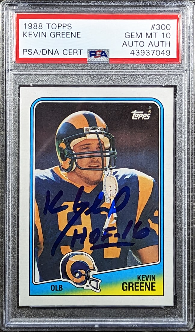 Kevin Greene 1988 Topps Rookie Card Signed Gem Mint 10 PSA DNA Authenticated: Kevin Greene 1988 Topps Rookie Card Signed Gem Mint 10 PSA DNA Authenticated This 1988 Topps #300 rookie card features Kevin Greene of the Los Angeles Rams and has been personally signed by the player