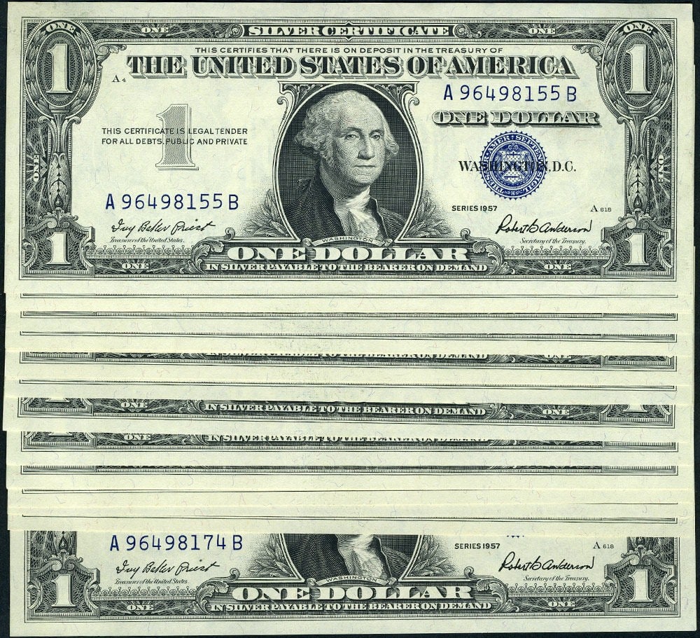 20 Consecutive 1957 $1 Silver Certificates FR 1619 A-B Block: 20 Consecutive 1957 $1 Silver Certificates FR 1619 A-B Block This is a lot of 20 consecutive $1 Silver Certificates from 1957, featuring A-B block serial numbers. Each note is uncirculated and graded 
