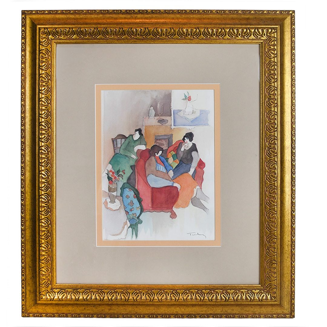 Signed Tarkay framed Impressionist living room painting limited edition: Signed Tarkay framed Impressionist living room painting limited edition This framed, limited edition original painting by Itzchak Tarkay features a living room scene rendered in the artist's signature