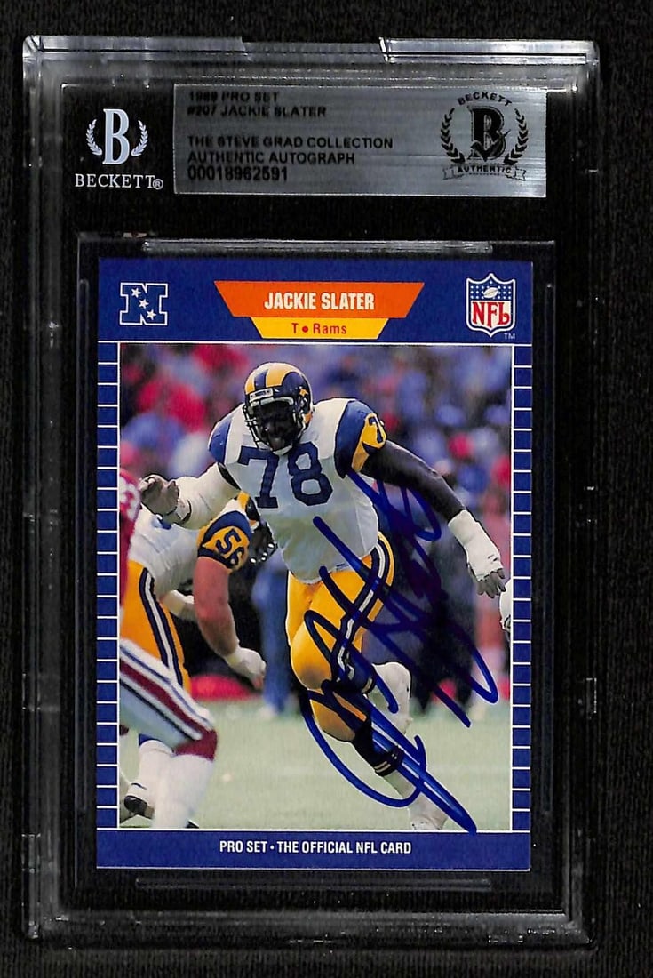 1989 Pro Set Jackie Slater Rams autographed Beckett slab card: 1989 Pro Set Jackie Slater Rams autographed Beckett slab card This is a signed 1989 Pro Set football trading card featuring Jackie Slater of the Los Angeles Rams. The card is hand-signed by Jackie Sla