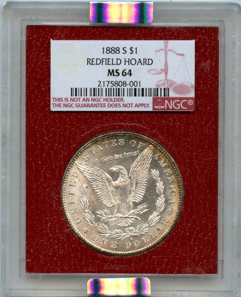 NGC MS64 Morgan Dollar 1888 S Redfield Hoard United States: NGC MS64 Morgan Dollar 1888 S Redfield Hoard United States This 1888 S Morgan Dollar is part of the renowned Redfield Hoard and has been certified by NGC with a grade of MS64. The coin is uncirculated
