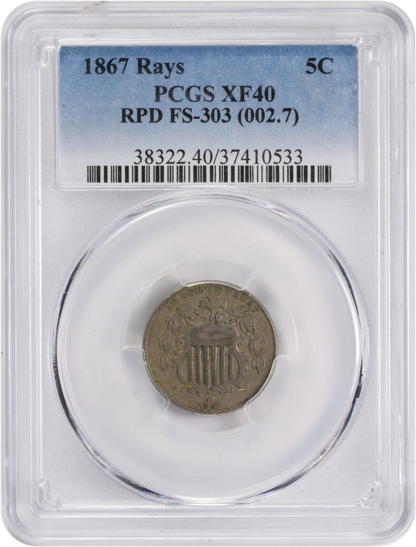 EF40 PCGS Graded 1867 Shield Nickel With Rays RPD FS-303 Variety: EF40 PCGS Graded 1867 Shield Nickel With Rays RPD FS-303 Variety This 1867 Shield Nickel features the Rays reverse and is a repunched date variety (FS-303). Certified by PCGS with a grade of EF40, thi