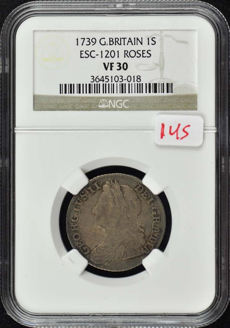 1739 Great Britain Roses 1 Shilling NGC VF30: 1739 Great Britain Roses 1 Shilling NGC VF30 This is a circulated 1739 Great Britain one shilling coin, certified and graded VF30 by NGC. The coin originates from the United Kingdom and dates to the r