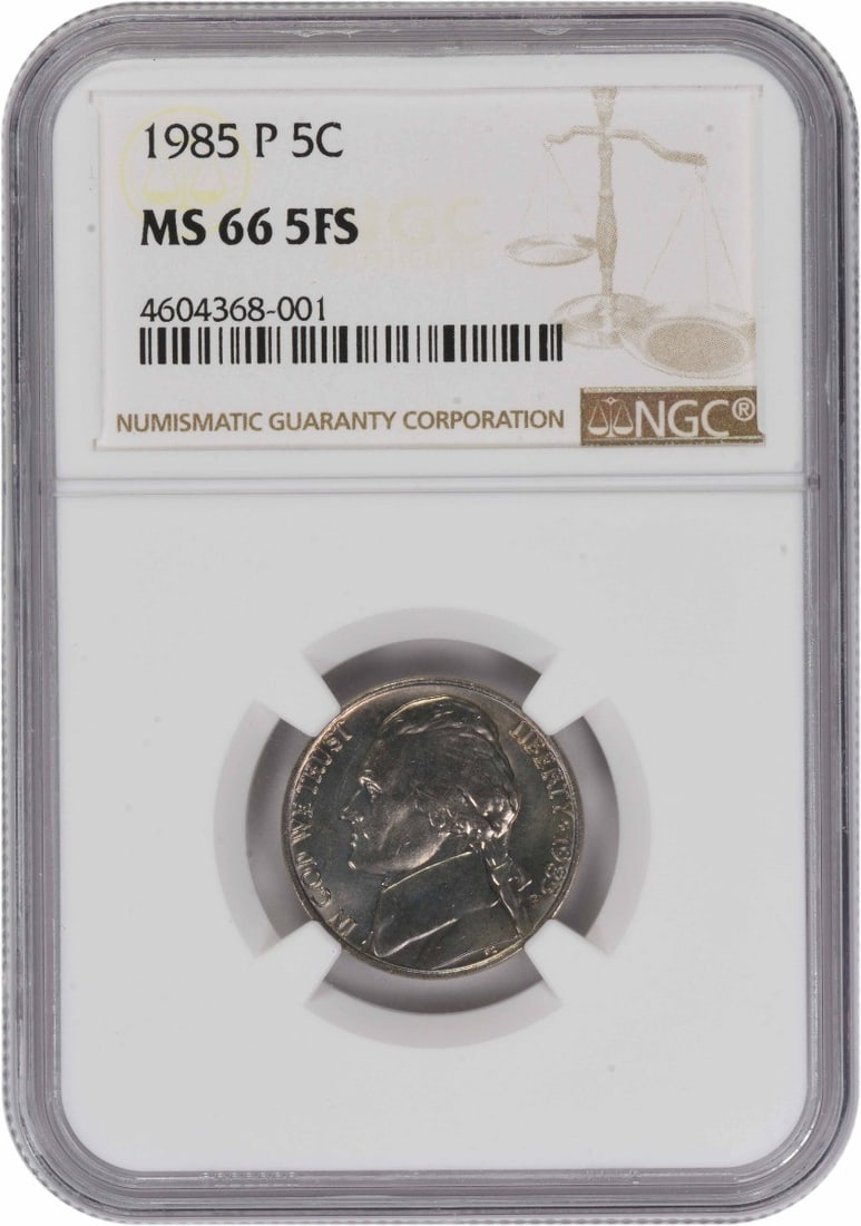 NGC MS66 Five Full Steps 1985 Philadelphia Jefferson Nickel: NGC MS66 Five Full Steps 1985 Philadelphia Jefferson Nickel This 1985-P Jefferson Nickel is graded MS66 with 5 Full Steps and certified by NGC. Struck at the Philadelphia Mint, it features the design 