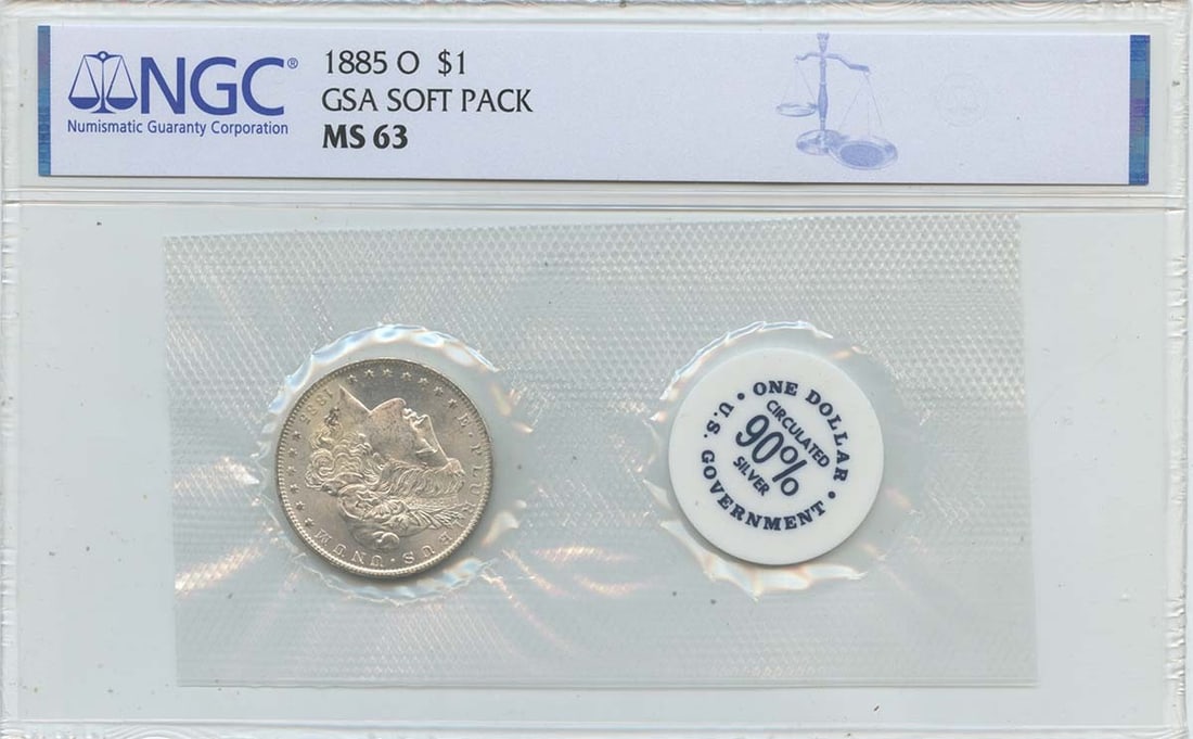 NGC MS63 1885-O Morgan Silver Dollar in GSA Soft Pack: NGC MS63 1885-O Morgan Silver Dollar in GSA Soft Pack This is an 1885-O Morgan Dollar in a GSA soft pack, certified by NGC with a grade of MS63. The coin is uncirculated and was minted in New Orleans.