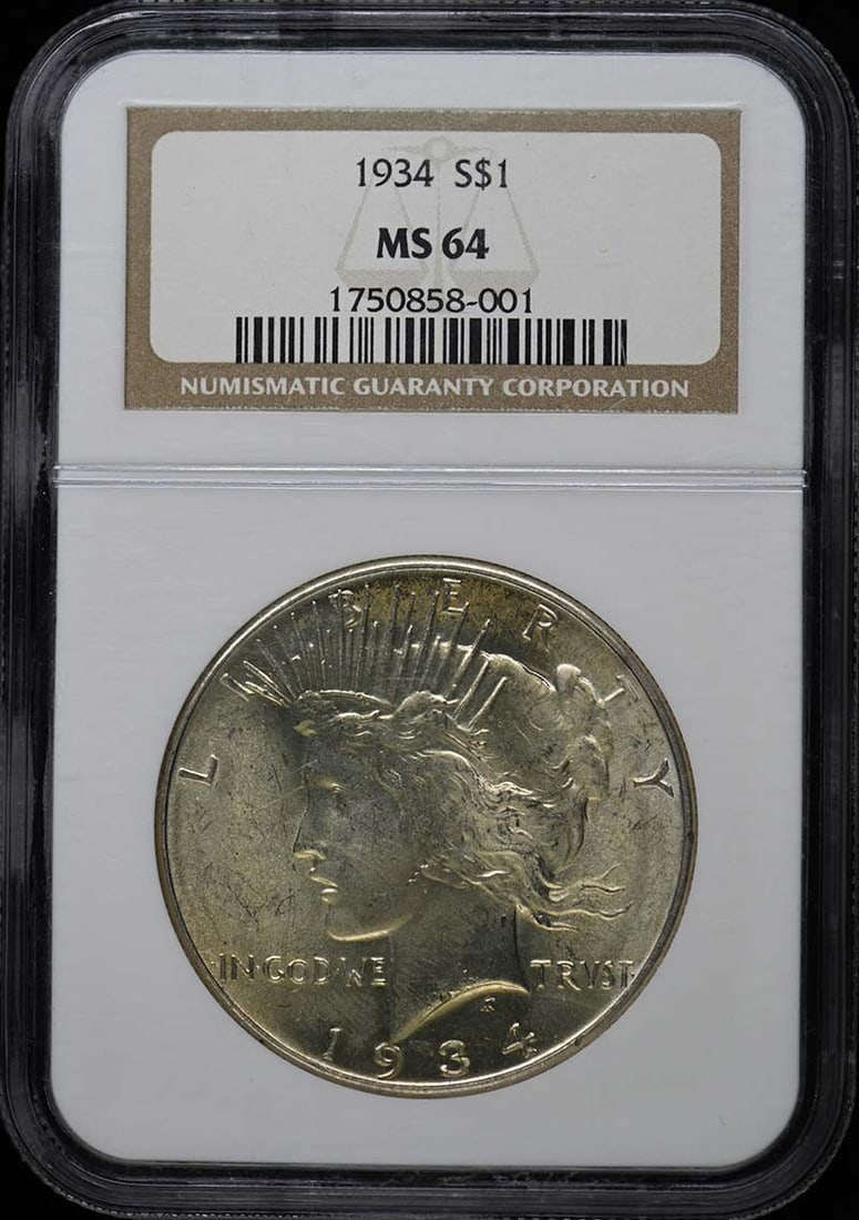 1934 Peace Dollar NGC MS64 Uncirculated Philadelphia Mint: 1934 Peace Dollar NGC MS64 Uncirculated Philadelphia Mint This 1934 Peace Dollar is a remarkable collectible, certified by NGC with a grade of MS64. This coin, struck in Philadelphia, remains in uncir