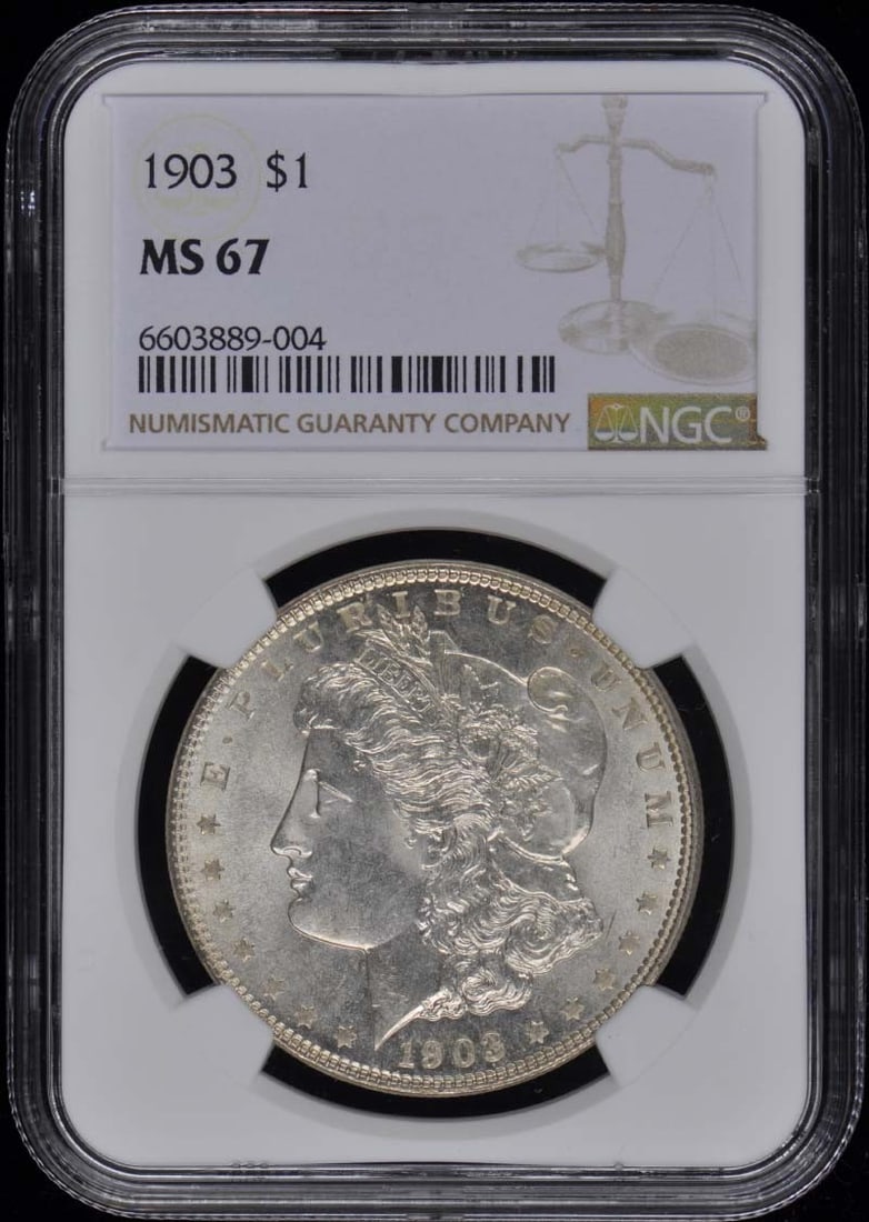 1903 Morgan Dollar NGC MS67 Uncirculated Philadelphia Coin: 1903 Morgan Dollar NGC MS67 Uncirculated Philadelphia Coin This stunning 1903 Morgan Dollar is certified by NGC with a remarkable grade of MS67, indicating its pristine uncirculated condition. Minted 