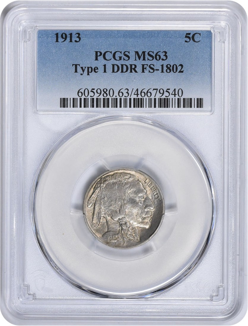 PCGS MS63 1913 Buffalo Nickel Type 1 DDR FS-1802: PCGS MS63 1913 Buffalo Nickel Type 1 DDR FS-1802 This 1913 Buffalo Nickel features the Type 1 design and exhibits a double die reverse (FS-1802). Graded MS63 by PCGS, this uncirculated coin is compose
