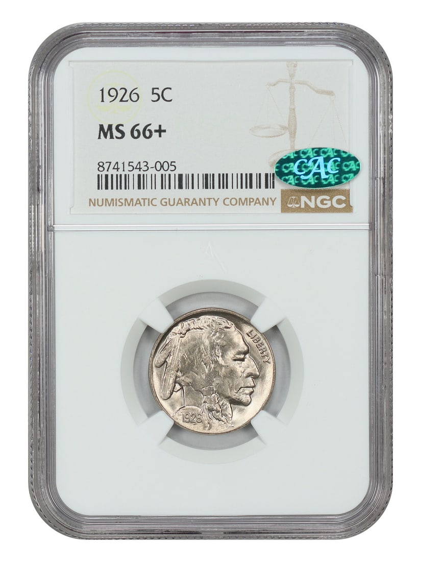 Buffalo Nickel 1926 5C NGC MS66+ CAC: Buffalo Nickel 1926 5C NGC MS66+ CAC 1926 Buffalo Nickel graded MS66+ by NGC and CAC approved. This uncirculated 5C coin was minted in Philadelphia and is listed as pre-owned. Certification number 874