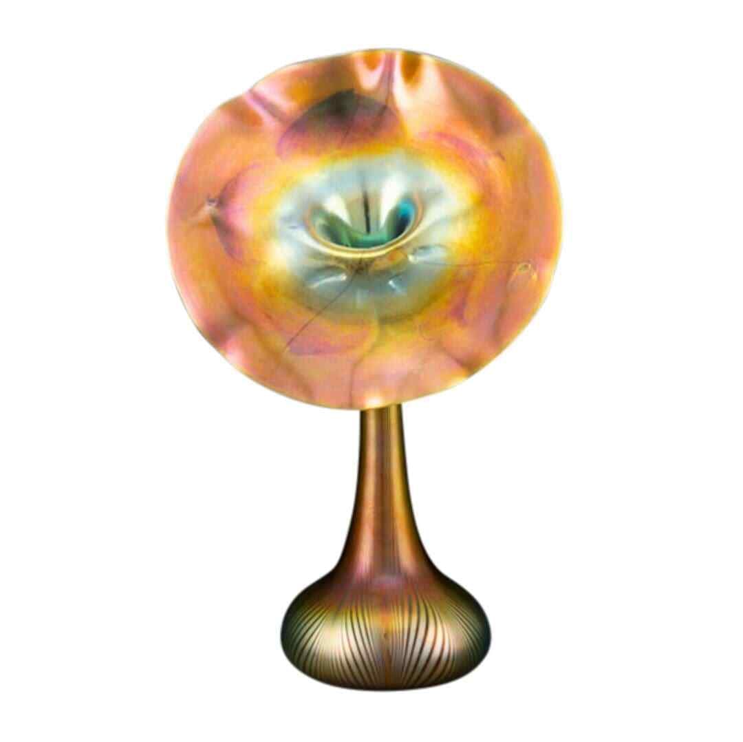 Quezal iridescent art glass Jack in the Pulpit vase 14-5 8 in: Quezal iridescent art glass Jack in the Pulpit vase 14-5 8 in This is an antique Quezal Glass Jack-in-the-Pulpit vase from circa 1910, crafted in the United States. The vase features brilliant and eve