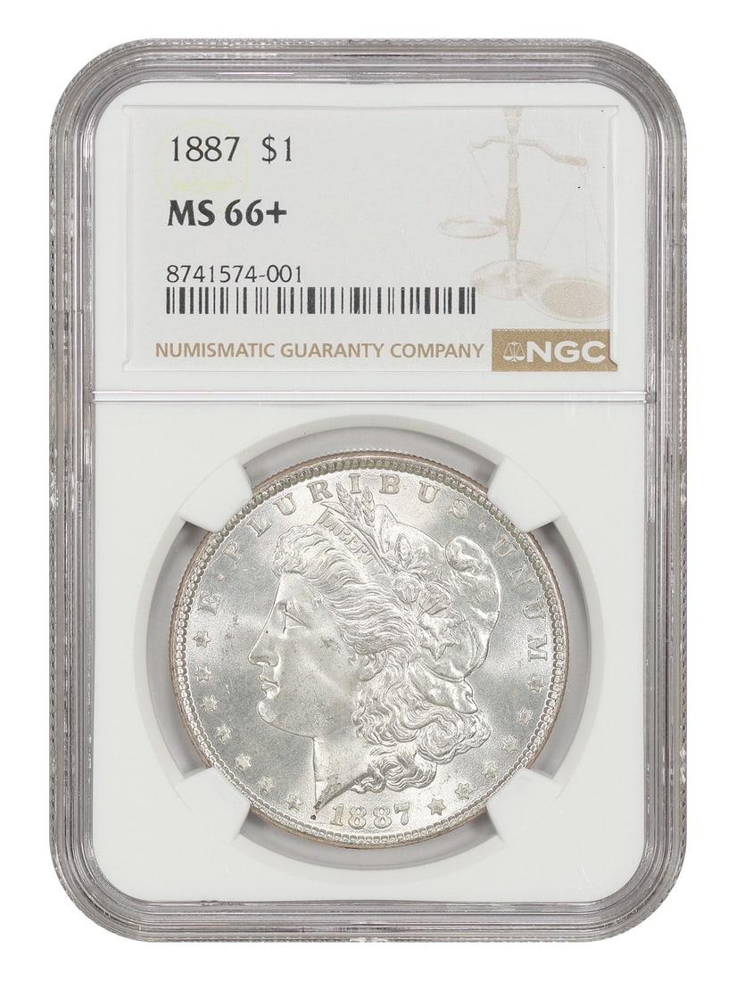 NGC MS66+ 1887 Morgan Dollar $1 Philadelphia Uncirculated: NGC MS66+ 1887 Morgan Dollar $1 Philadelphia Uncirculated 1887 Morgan Dollar $1 graded MS66+ by NGC. This Philadelphia-minted coin is uncirculated and certified with certification number 8741574001. I