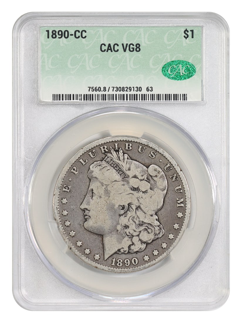CACG VG08 1890-CC Morgan Dollar Carson City $1: CACG VG08 1890-CC Morgan Dollar Carson City $1 1890-CC Morgan Dollar certified by CACG and graded VG08. This circulated Carson City Mint issue is a better example from the Morgan Dollar series and is 