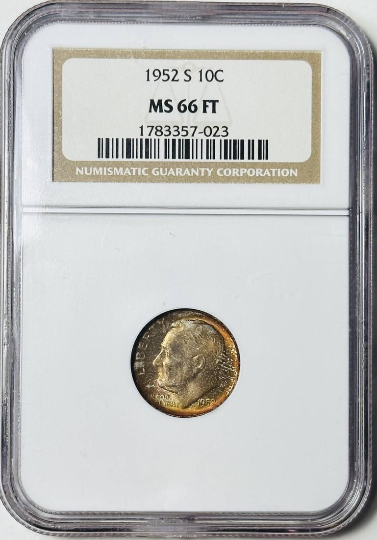 1952 S Roosevelt Dime NGC MS66 Uncirculated Stunning Color: 1952 S Roosevelt Dime NGC MS66 Uncirculated Stunning Color This 1952-S Roosevelt Dime is certified by NGC with a remarkable MS-66 grade, showcasing its uncirculated condition and beautiful color. Mint