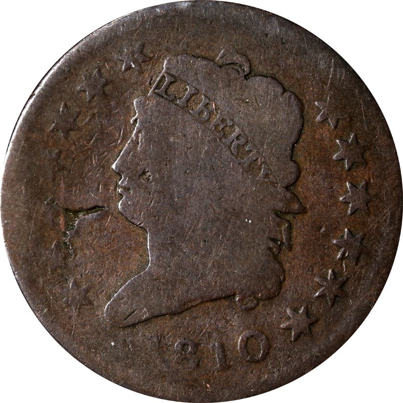 1810 United States Copper Large Cent Coin Circulated Uncertified: 1810 United States Copper Large Cent Coin Circulated Uncertified This 1810 Large Cent from the United States is composed of copper and has been circulated. It is an uncertified coin and is offered in 