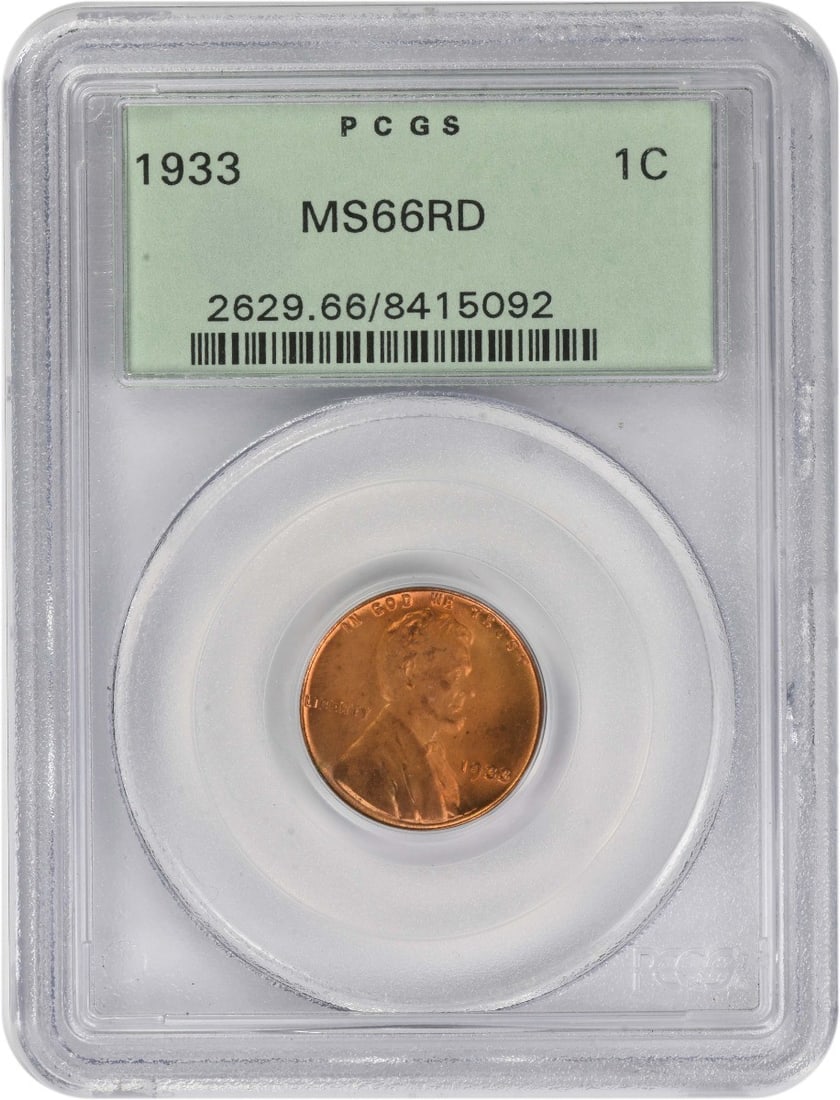 1933 Lincoln Wheat Small Cent MS66 Red Certified by PCGS: 1933 Lincoln Wheat Small Cent MS66 Red Certified by PCGS This is a 1933 Lincoln Wheat Cent graded MS66RD by PCGS. Struck at the Philadelphia Mint, this uncirculated coin features a composition of 95% 