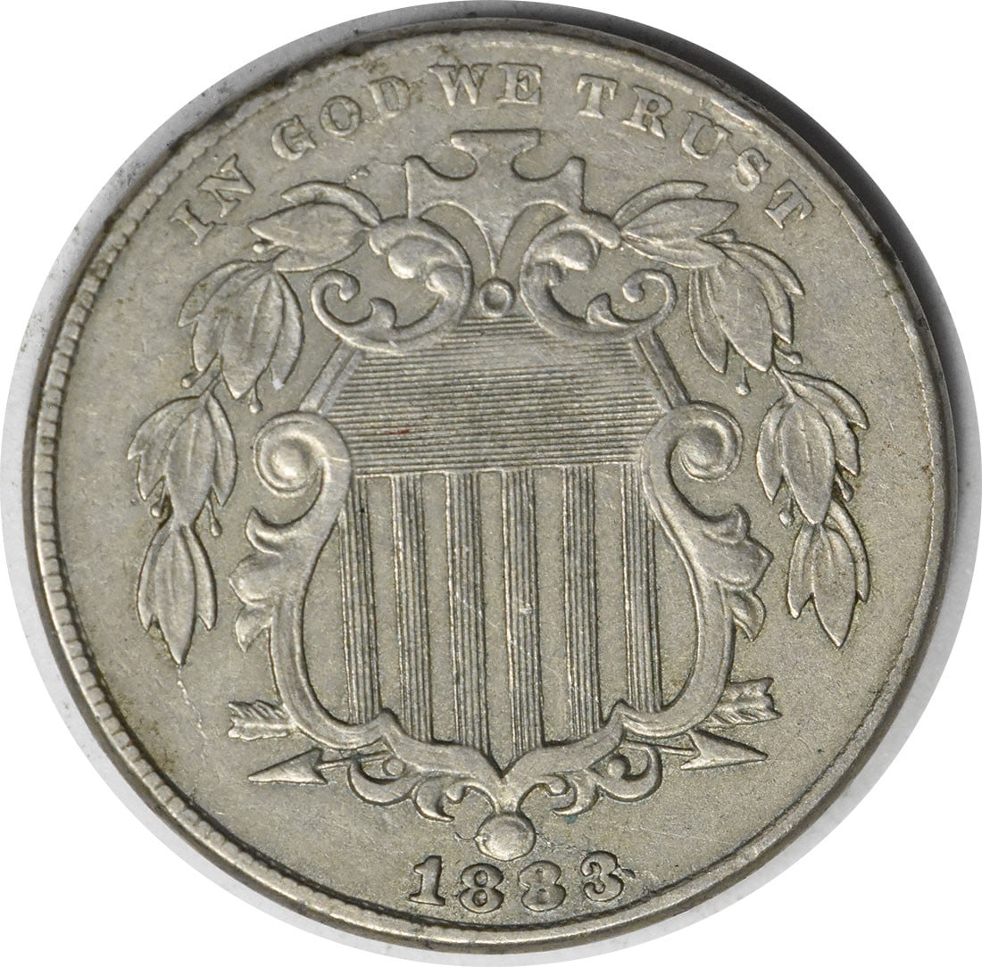 1883 Shield Nickel AU 5C Coin Philadelphia Mint Uncertified: 1883 Shield Nickel AU 5C Coin Philadelphia Mint Uncertified This 1883 Shield Nickel features a beautiful design by James Barton Longacre. It is classified as an AU (About Uncirculated) coin, meaning i