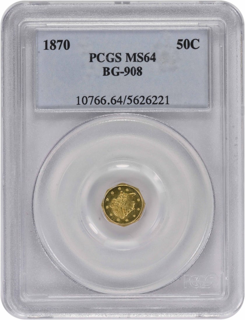 PCGS MS64 1870 California Gold Half Dollar BG-908: PCGS MS64 1870 California Gold Half Dollar BG-908 This is an 1870 California Gold Half Dollar, designated BG-908, graded MS64 by PCGS. The coin is composed of gold and is uncirculated. It was produced