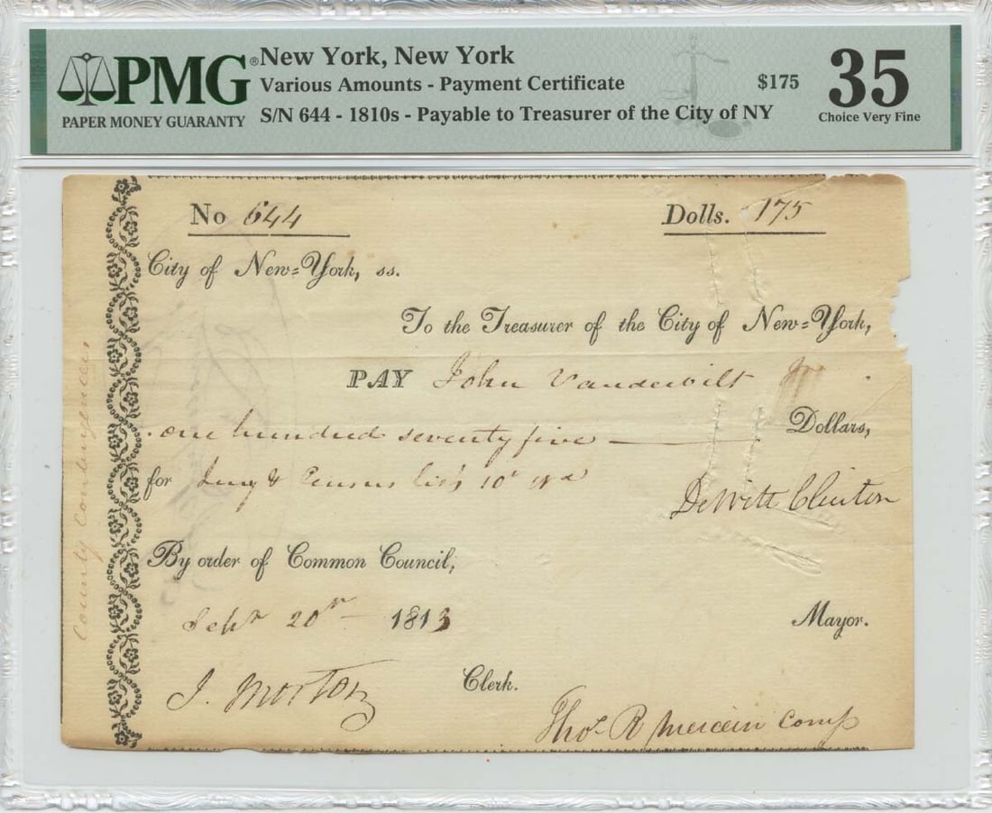 1813 New York Payment Certificate Obsolete Note PMG VF35: 1813 New York Payment Certificate Obsolete Note PMG VF35 This 1810s New York Payment Certificate, graded VF35 by PMG, is a remarkable example of an obsolete note. It is a circulated piece, offering a 