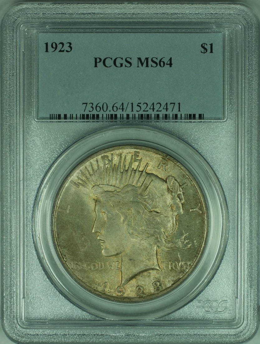 1923 Peace Dollar Silver $1 PCGS MS64 Philadelphia Toned Uncirculated Coin: 1923 Peace Dollar Silver $1 PCGS MS64 Philadelphia Toned Uncirculated Coin This 1923 Peace Silver Dollar $1 coin is certified by PCGS with a grade of MS-64 and features nice overall toning. Minted in 