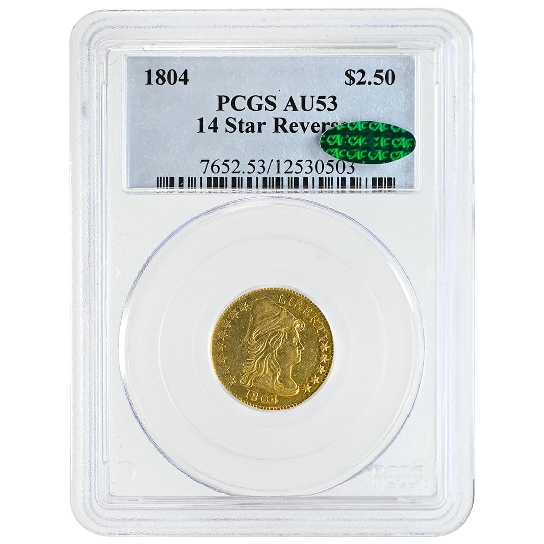 1804 Draped Bust $2.50 Gold 14 Stars Reverse PCGS AU53 CAC: 1804 Draped Bust $2.50 Gold 14 Stars Reverse PCGS AU53 CAC This 1804 $2.50 Draped Bust gold coin features the rare 14 Stars Reverse and has been graded AU53 by PCGS, with CAC approval. Struck in Phila