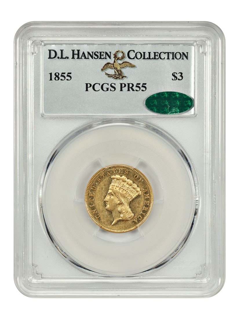 1855 $3 Gold Coin PCGS PR55 CAC Approved Only 5 Struck: 1855 $3 Gold Coin PCGS PR55 CAC Approved Only 5 Struck This remarkable 1855 $3 gold coin, certified by PCGS with a PR55 grade and CAC approval, represents an extraordinary addition to any collection. 