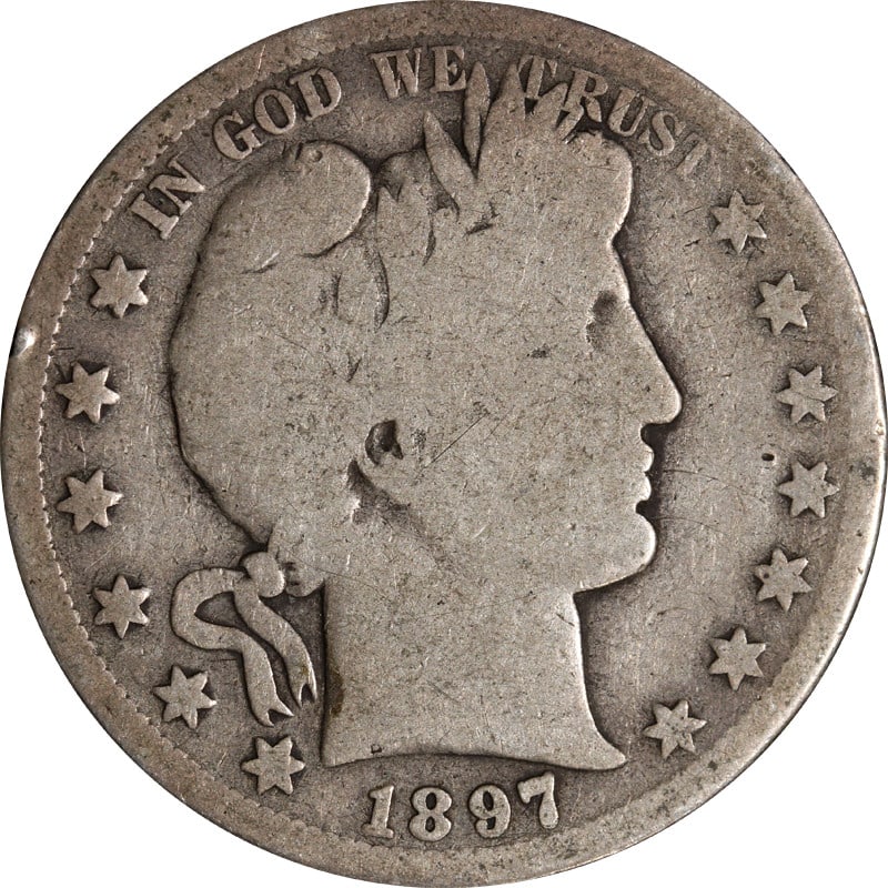 1897 San Francisco Barber silver half dollar: 1897 San Francisco Barber silver half dollar This is a circulated 1897-S Barber Half Dollar from the United States. Composed of silver with a fineness of 0.9, this pre-owned coin was minted in San Fra