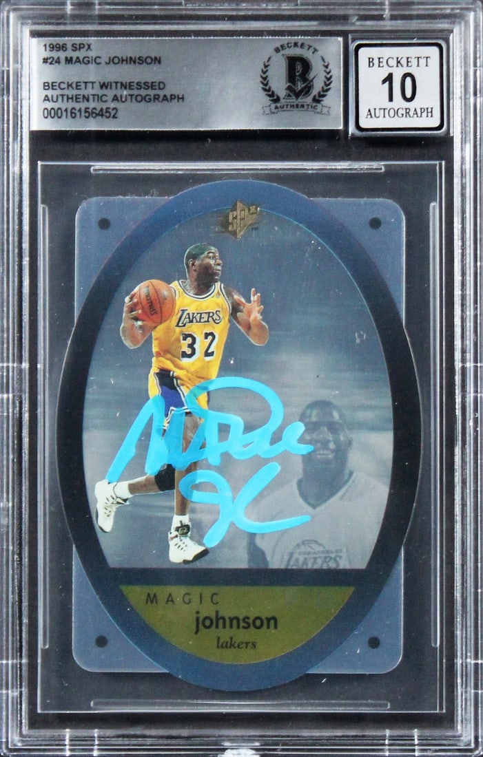 Magic Johnson Signed 1996 SPX #24 Card Auto 10 Beckett Authenticated: Magic Johnson Signed 1996 SPX #24 Card Auto 10 Beckett Authenticated This is a 1996 SPX #24 basketball card featuring Magic Johnson, a legendary player from the Los Angeles Lakers. The card has been p