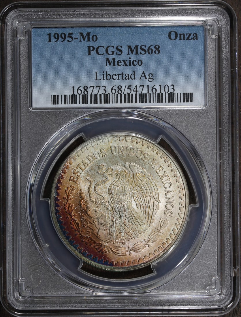 PCGS MS68 1995-Mo Mexico Silver Libertad Onza 1 oz Coin: PCGS MS68 1995-Mo Mexico Silver Libertad Onza 1 oz Coin This 1995 Mexico 1 oz Silver Libertad Onza coin is graded MS 68 and certified by PCGS. It is composed of 0.999 fine silver and was minted by the