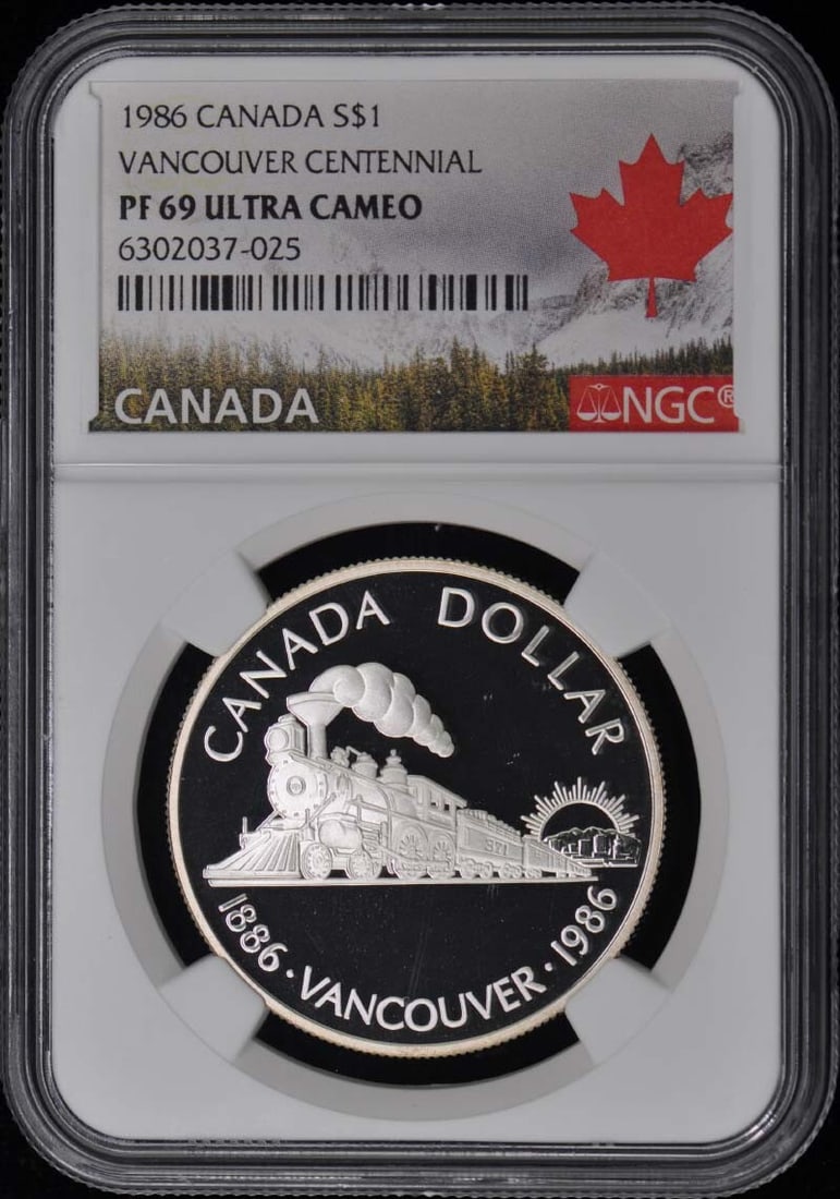 1986 Canada Vancouver Centennial $1 Coin NGC PR69 Ultra Cameo: 1986 Canada Vancouver Centennial $1 Coin NGC PR69 Ultra Cameo Celebrate the legacy of Vancouver with this stunning 1986 Canada Vancouver Centennial Silver Dollar, graded PR69 by NGC. This coin is unci