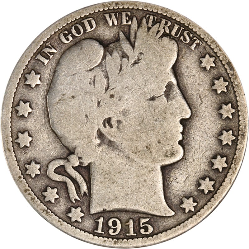 1915 Philadelphia Barber Half Dollar Silver Coin Circulated Example: 1915 Philadelphia Barber Half Dollar Silver Coin Circulated Example This is a 1915-P Barber Half Dollar coin from the Philadelphia Mint. The coin is composed of silver and is in circulated, pre-owned 