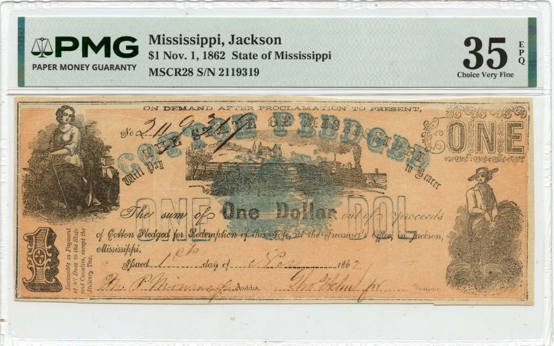 State of Mississippi 1862 One Dollar Obsolete Currency PMG VF35 EPQ (1 of 2)
