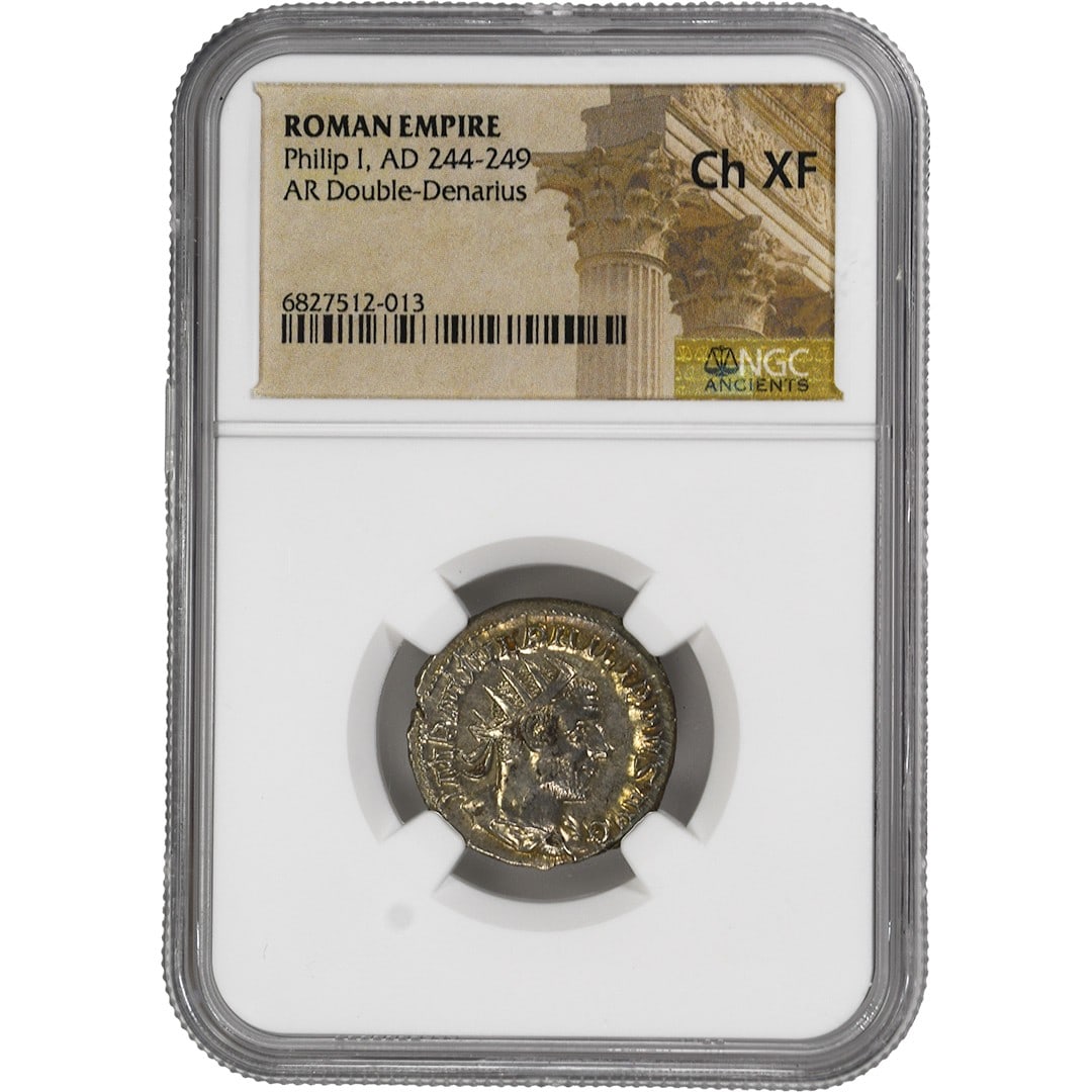 NGC Ch XF Philip I Double Denarius Roman Empire AR: NGC Ch XF Philip I Double Denarius Roman Empire AR This Roman Empire AR Double-Denarius features the rule of Philip I, dating from AD 244-249. Graded Choice Extremely Fine (Ch XF) by NGC, this certifi