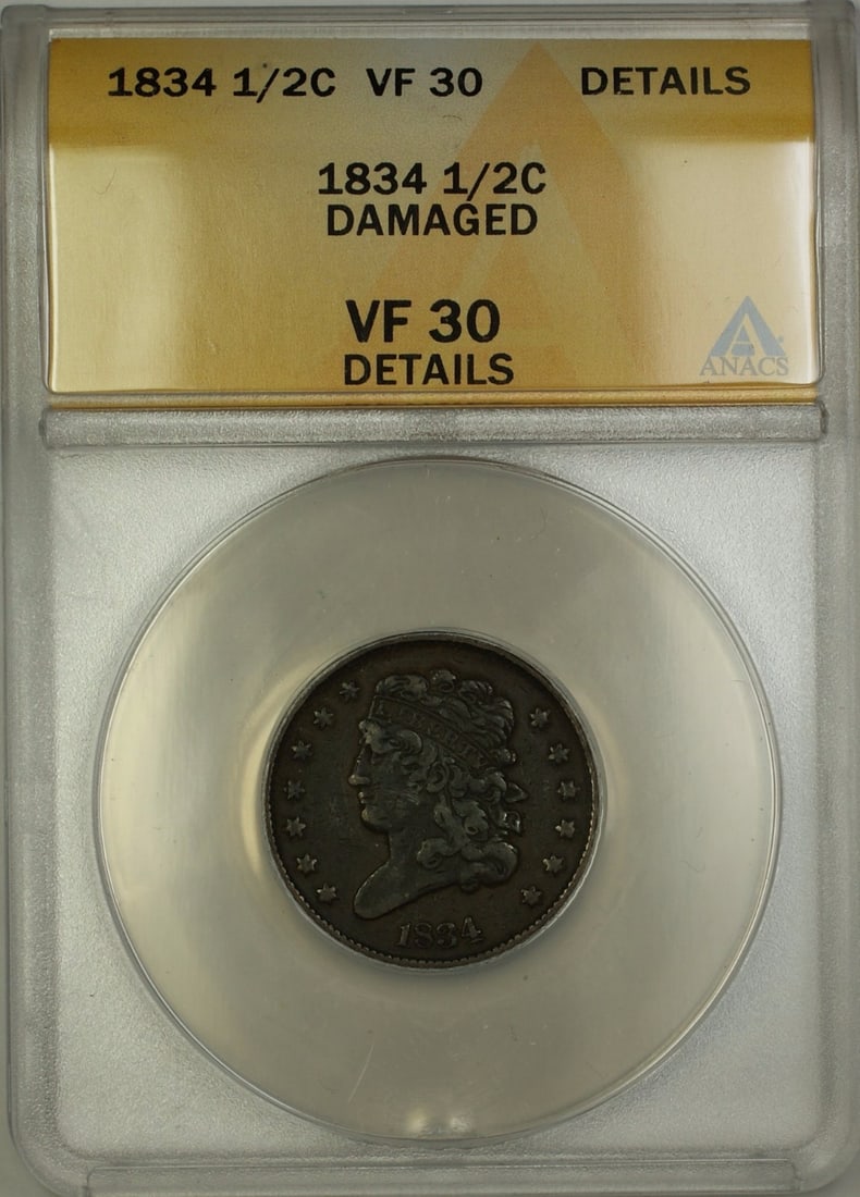 1834 Philadelphia Classic Head Half Cent Copper Coin ANACS VF 30 Details: 1834 Philadelphia Classic Head Half Cent Copper Coin ANACS VF 30 Details This is an 1834 Classic Head Half Cent 1/2c coin from the United States, minted in Philadelphia. The coin is composed of copper