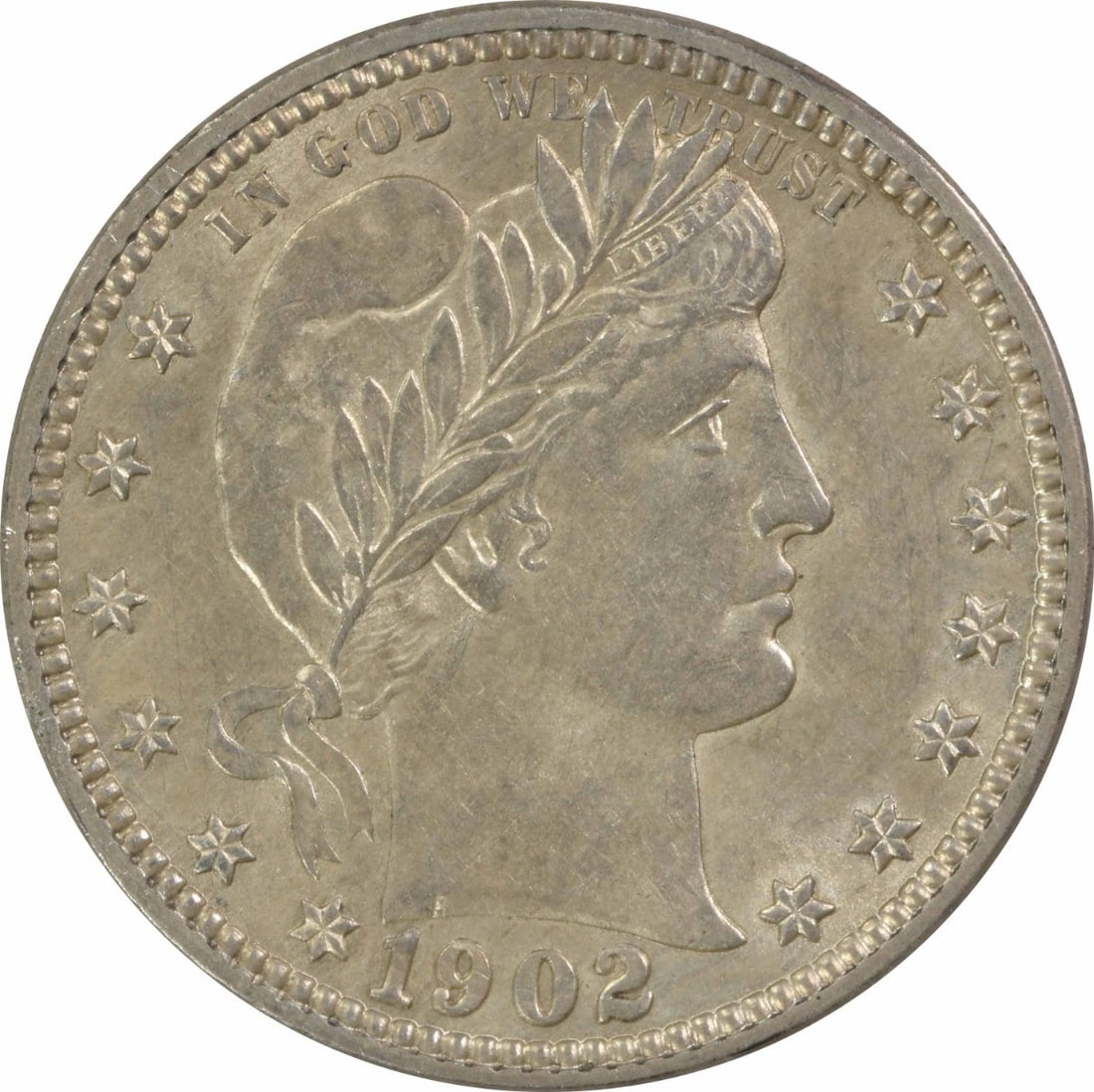 1902 O Barber 25C Silver Coin BU Uncertified: 1902 O Barber 25C Silver Coin BU Uncertified This is a 1902-O Barber Silver Quarter from the United States. The coin is uncirculated and graded as BU (Brilliant Uncirculated). It is composed of silver