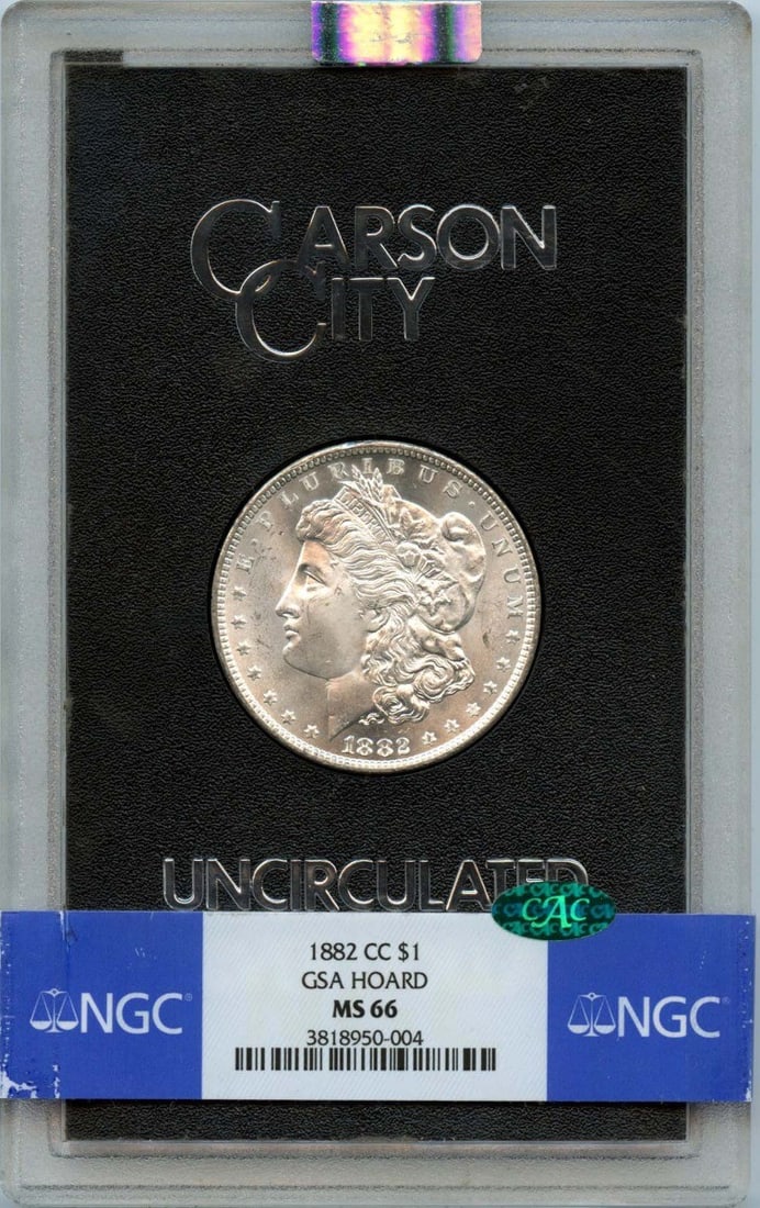 NGC MS66 CAC Graded 1882 Carson City Morgan Dollar from GSA Hoard: NGC MS66 CAC Graded 1882 Carson City Morgan Dollar from GSA Hoard This 1882-CC Morgan Dollar is part of the GSA Hoard and has been certified by NGC with a grade of MS66 and a CAC sticker. Struck at th