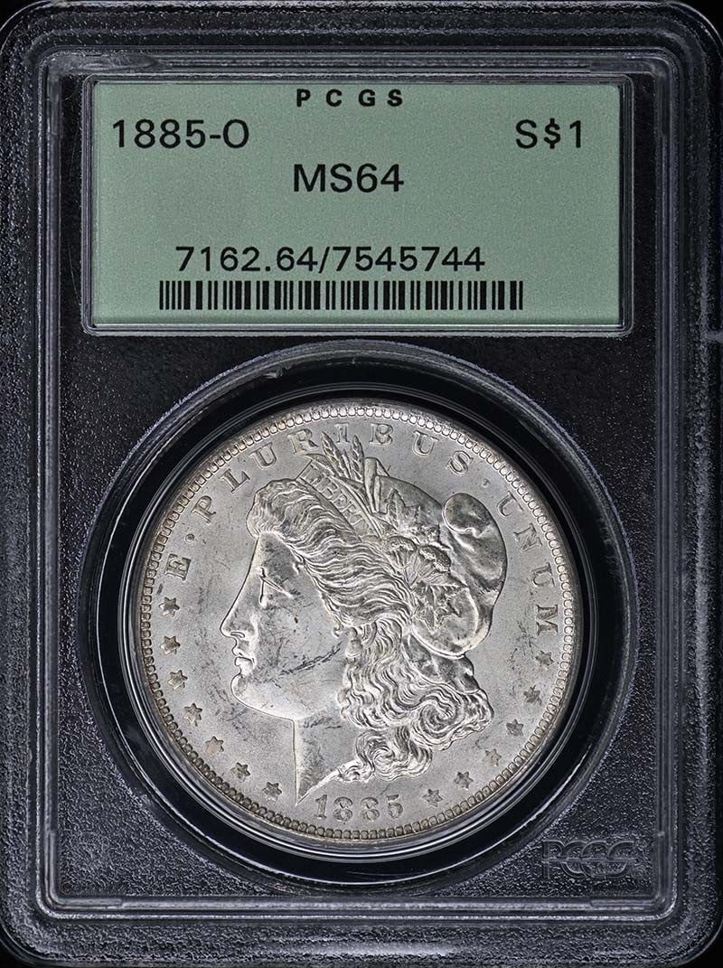 PCGS MS64 1885 O Morgan Silver Dollar: PCGS MS64 1885 O Morgan Silver Dollar This is an 1885-O Morgan Dollar graded MS64 by PCGS. The coin is uncirculated and was minted in New Orleans in 1885. It is a pre-owned collectible from the United