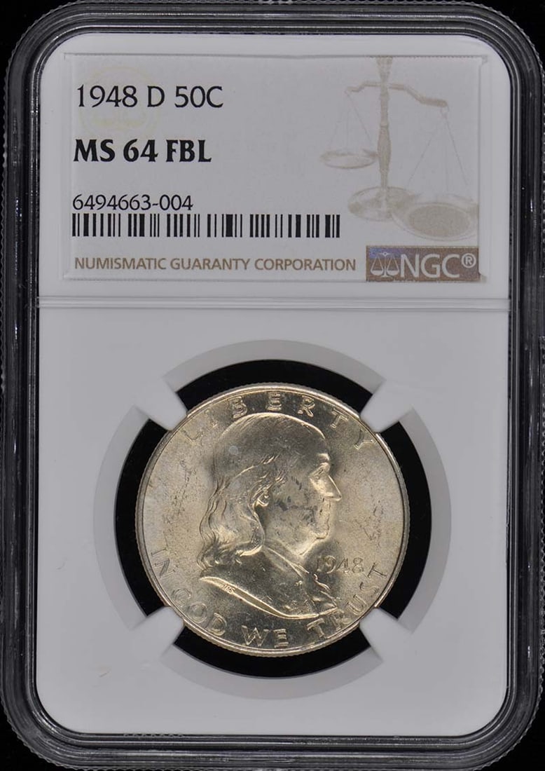 1948-D Franklin Half Dollar NGC MS64 FBL Uncirculated Denver Coin: 1948-D Franklin Half Dollar NGC MS64 FBL Uncirculated Denver Coin This 1948-D Franklin Half Dollar is a remarkable piece for any collector. Graded MS64 by NGC, this uncirculated coin showcases the stu