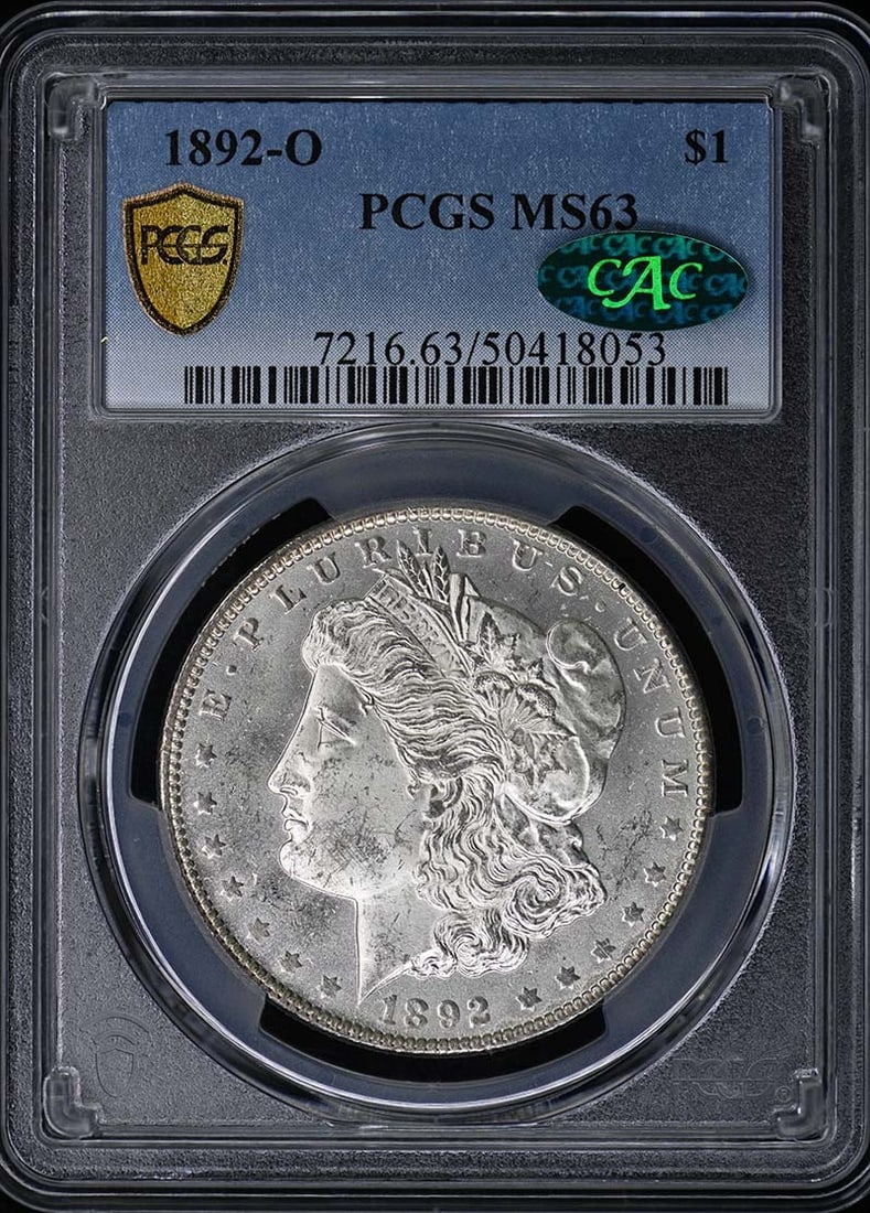 1892 O Morgan Dollar PCGS MS63 CAC: 1892 O Morgan Dollar PCGS MS63 CAC This 1892-O Morgan Dollar is graded MS63 by PCGS and features the CAC approval. Struck in New Orleans, this uncirculated coin is a desirable piece for collectors of 