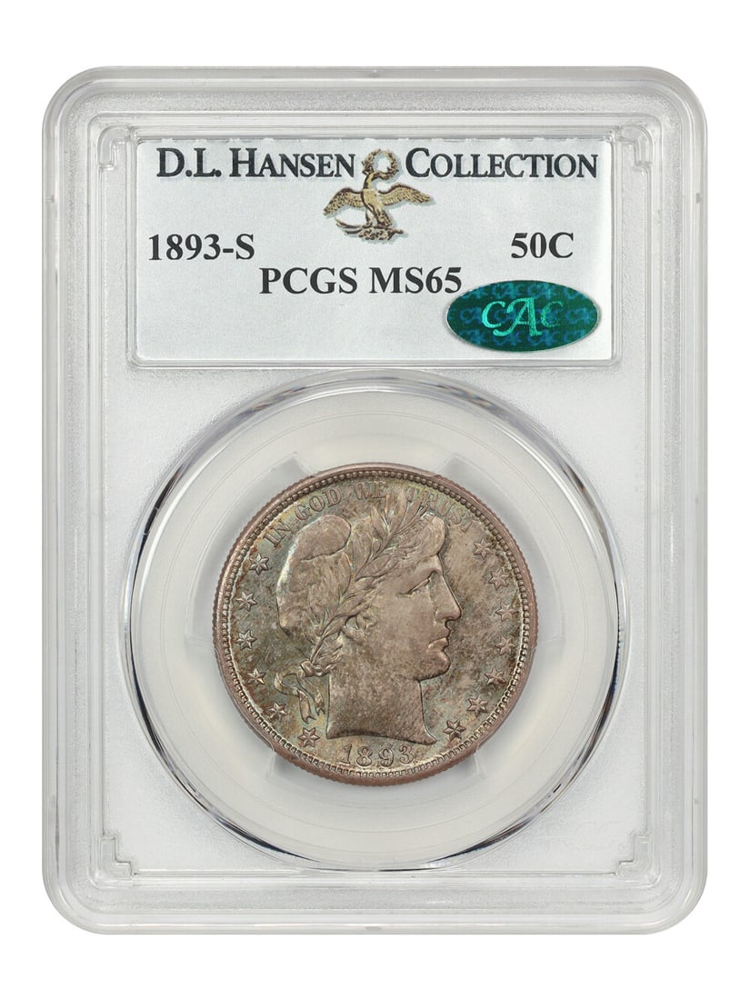 Barber Half Dollar 1893-S 50C PCGS MS65 CAC ex D.L. Hansen: Barber Half Dollar 1893-S 50C PCGS MS65 CAC ex D.L. Hansen An 1893-S 50C Barber Half Dollar graded PCGS MS65 with CAC approval and ex: D.L. Hansen provenance. This uncirculated example is described as