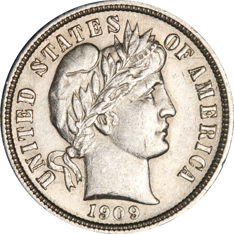 United States 1909 P Barber silver dime coin: United States 1909 P Barber silver dime coin 1909-P Barber Dime from the United States, composed of silver with 0.9 fineness. The coin is circulated and pre-owned, and it is uncertified. Specification