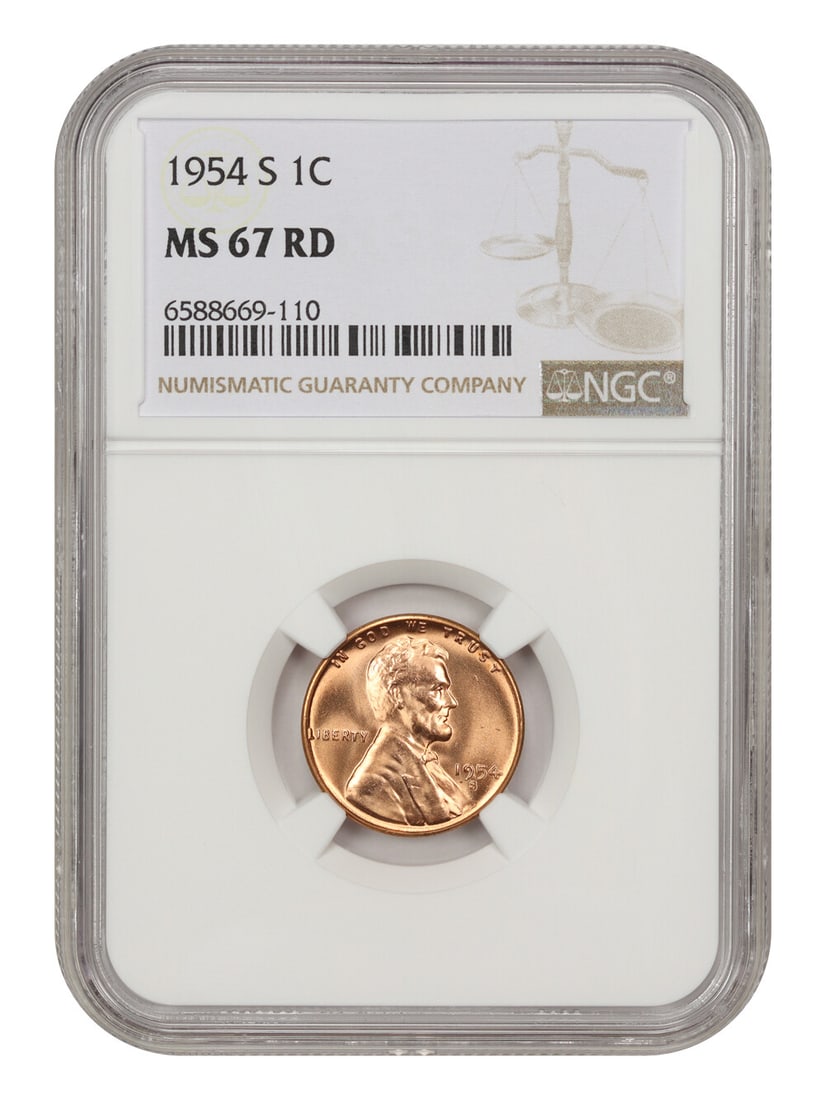 1954-S Lincoln Cent NGC MS67 RD Uncirculated Gem: 1954-S Lincoln Cent NGC MS67 RD Uncirculated Gem This 1954-S Lincoln Cent, certified by NGC with a grade of MS67 RD, showcases exceptional quality and brilliance. It is part of the Wheat Reverse serie